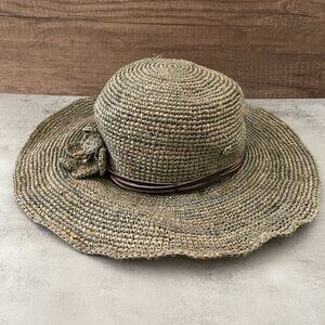 NWT Revolve Florabella Woven Wide Brim Sunhat Taupe Floral Trim Adjustable OS